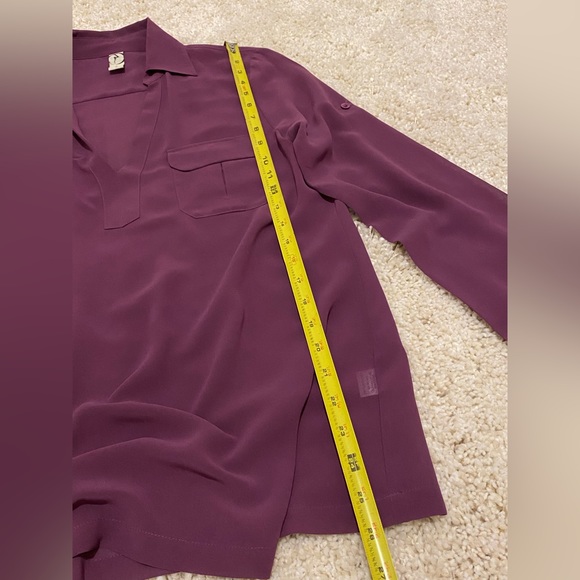 PURPLE LONG SLEEVE COLLARED VNECK MESH SEE THROUGH BLOUSE BUTTON ROLL UP CUFFS - Picture 11 of 13